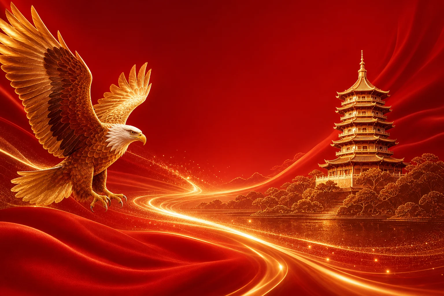 Ilustrasi elang emas dan Pagoda Leifeng di Hangzhou yang dihubungkan oleh cahaya